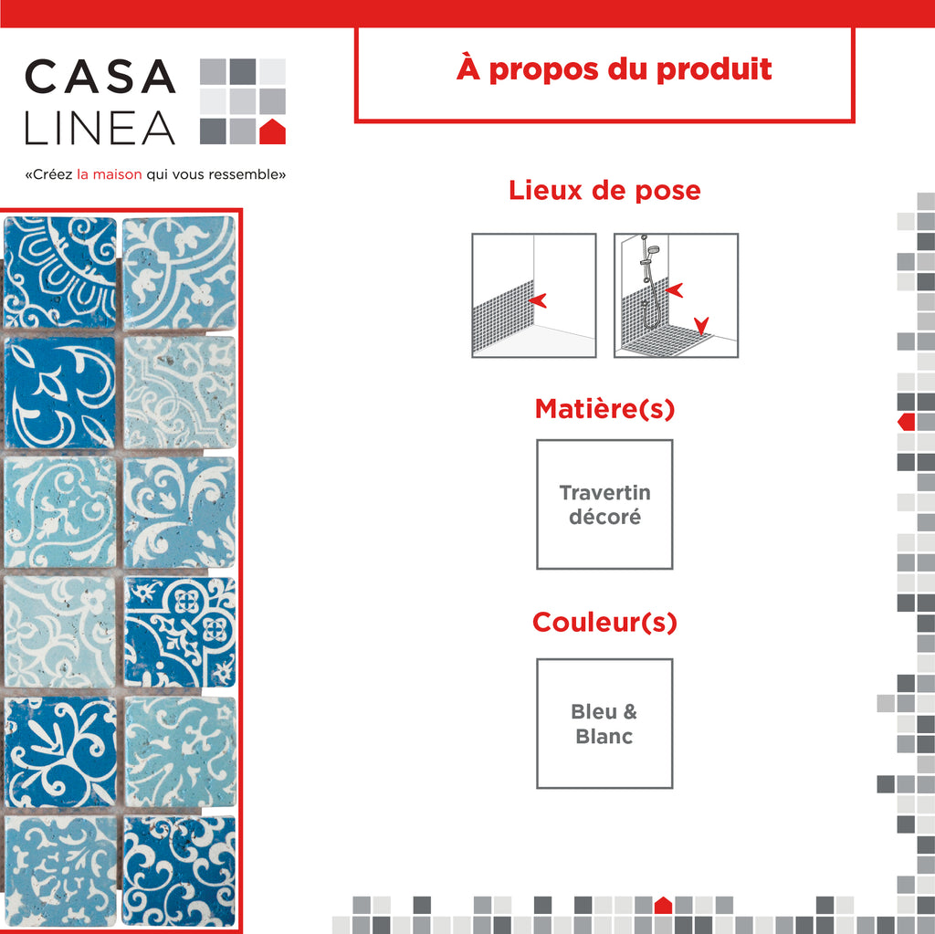 Mosaïque travertin baroque bleu petit format infographie technique