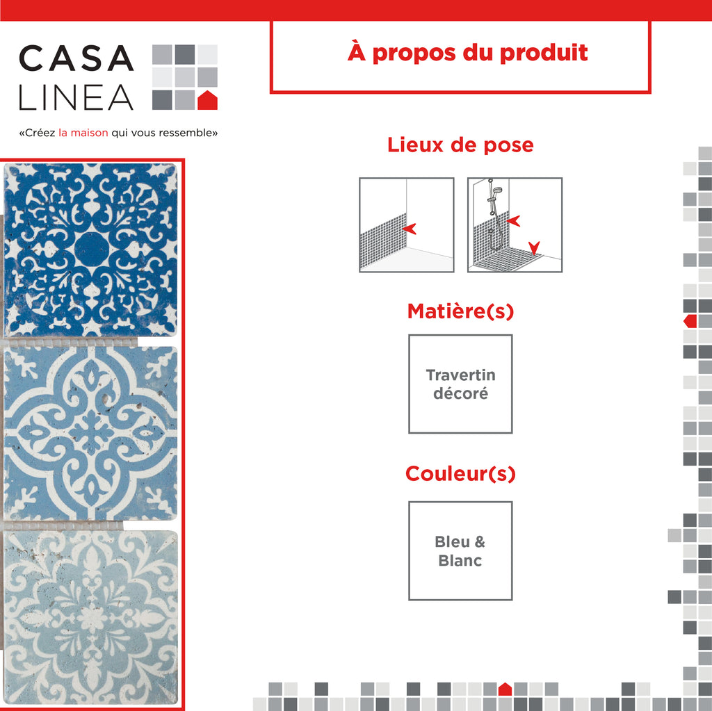 Mosaïque baroque bleu grand format infographie lieu de pose et matiere