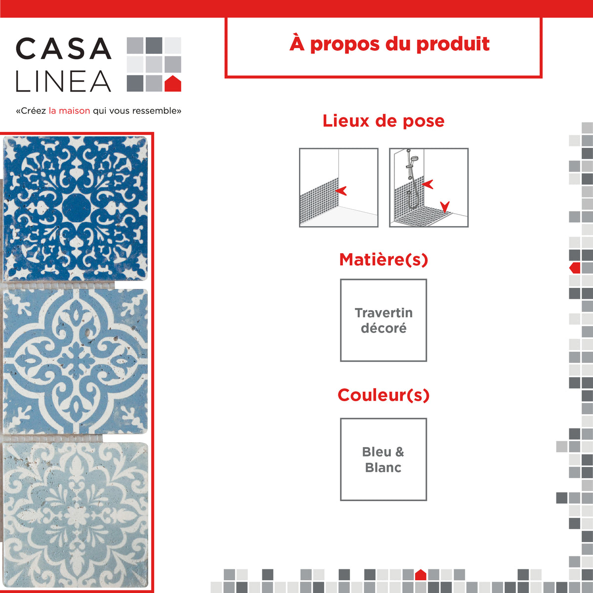 Mosaïque baroque bleu grand format infographie lieu de pose et matiere