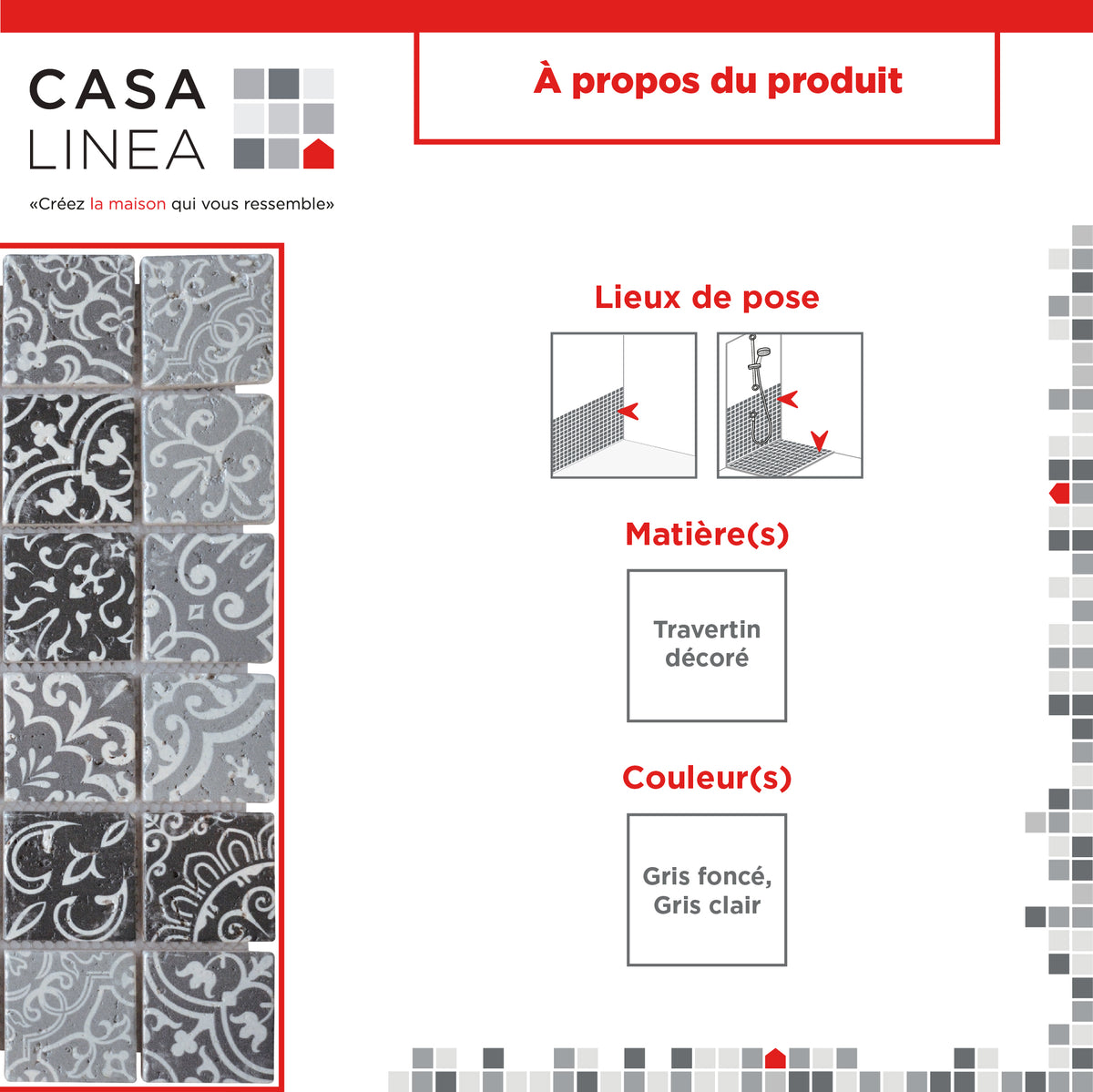 Mosaïque travertin baroque gris infographie