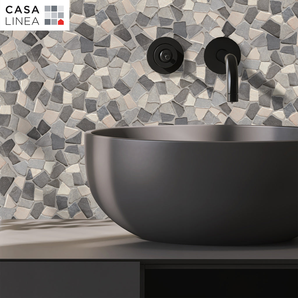 Mosaïque palladien mix gris beige en crédence de salle de bain