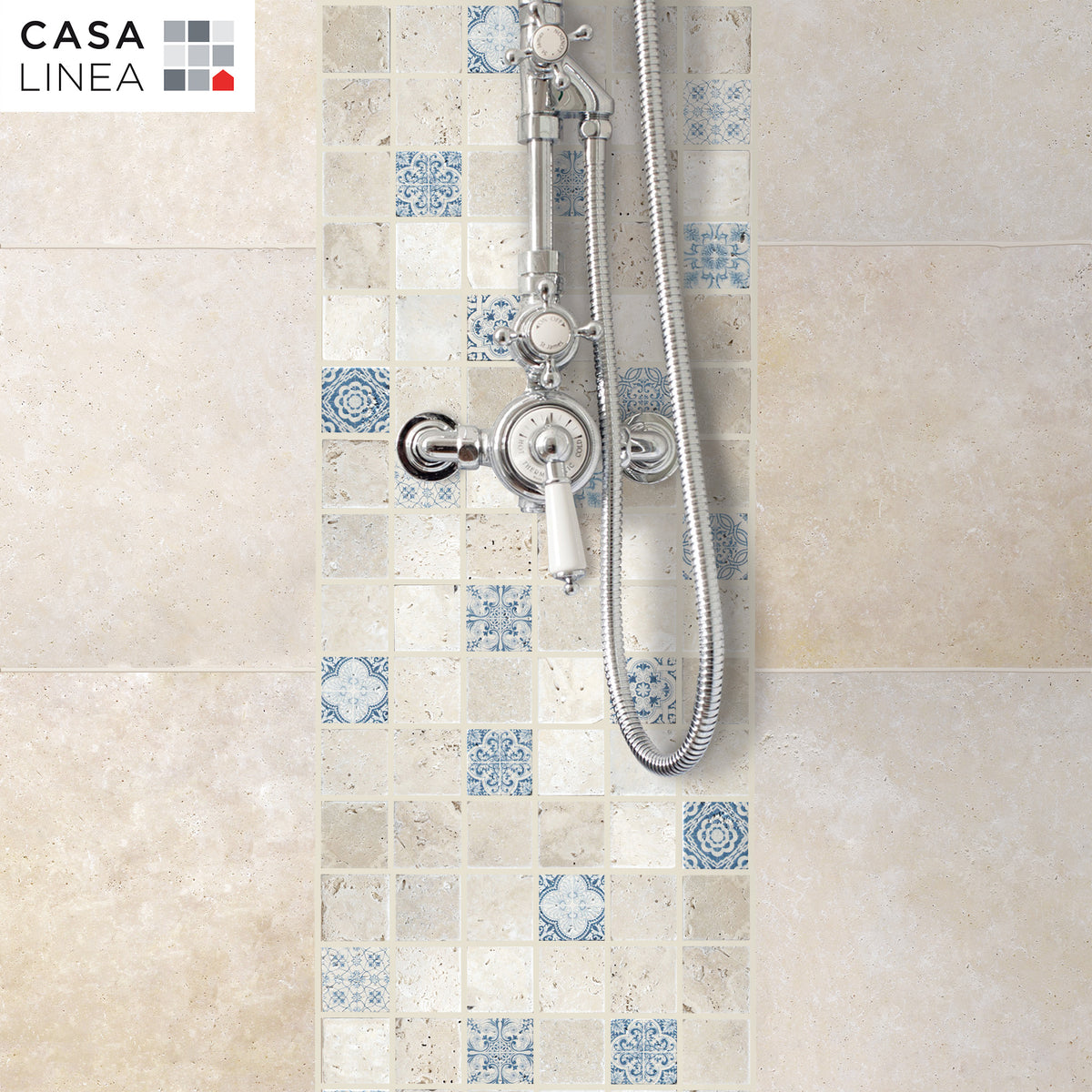 Mosaïque renaissance travertin ivoire blue