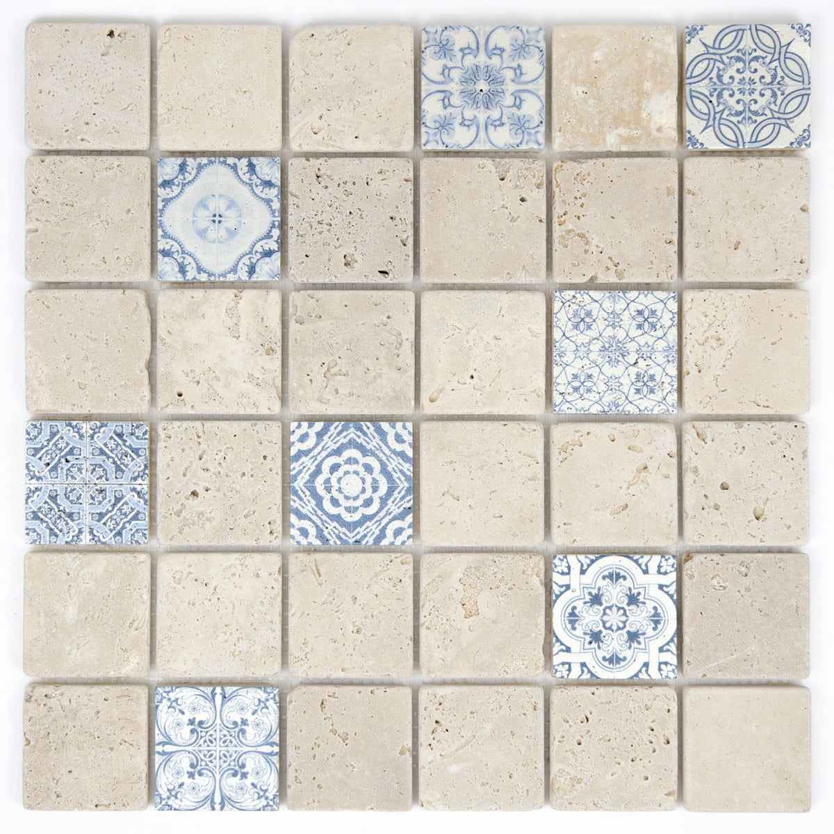 Mosaïque renaissance travertin ivoire blue