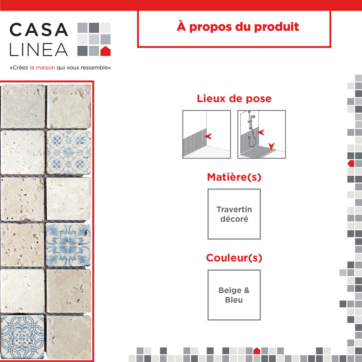 Mosaïque renaissance travertin ivoire blue information technique