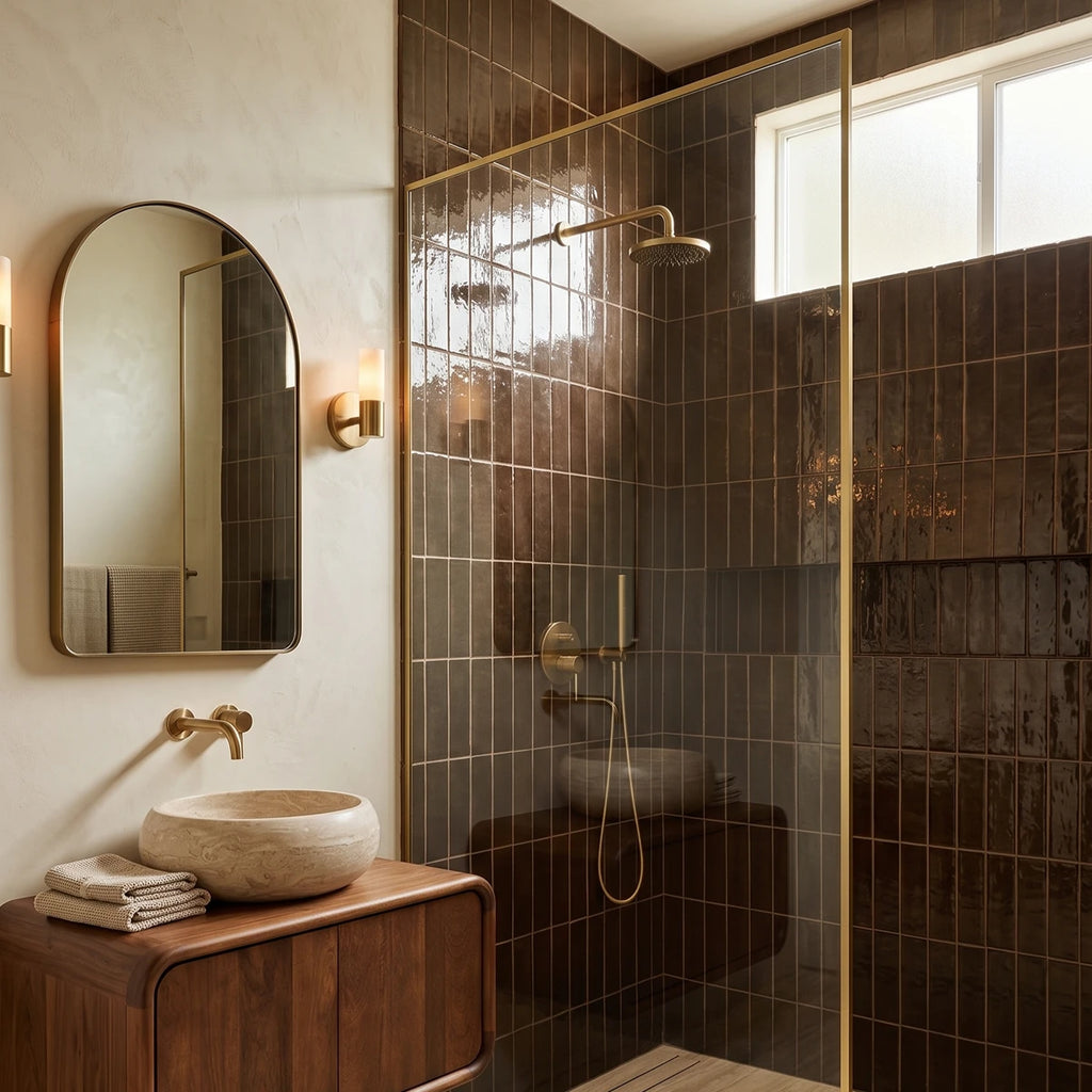 Carrelage céramique Provence marron CHOCO Barrette 32x62,5 cm au mur d'une douche moderne sobre