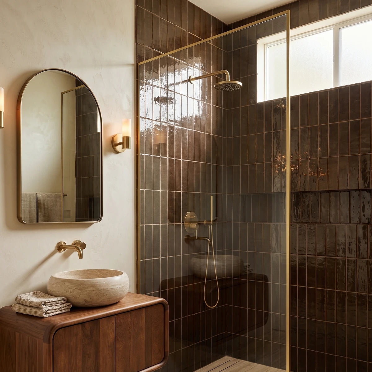 Carrelage céramique Provence marron CHOCO Barrette 32x62,5 cm au mur d'une douche moderne sobre