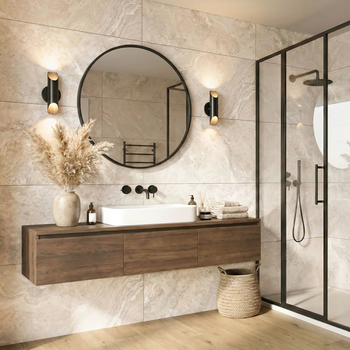 carrelage effet travertin dans une salle de bain moderne