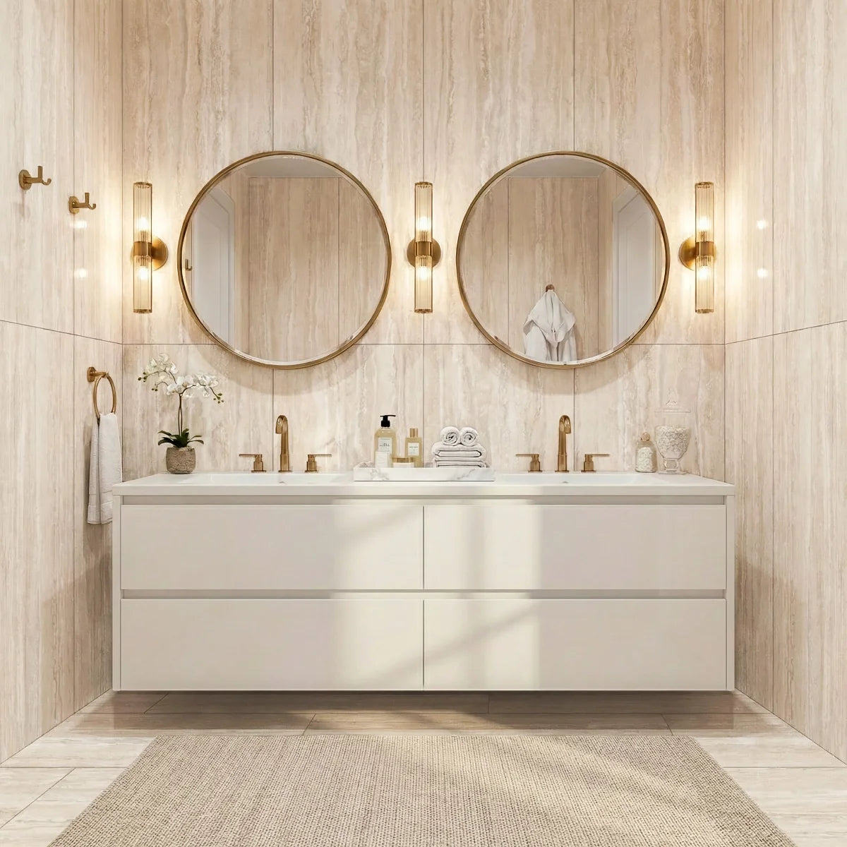 carrelage effet travertin dans une salle de  bain moderne