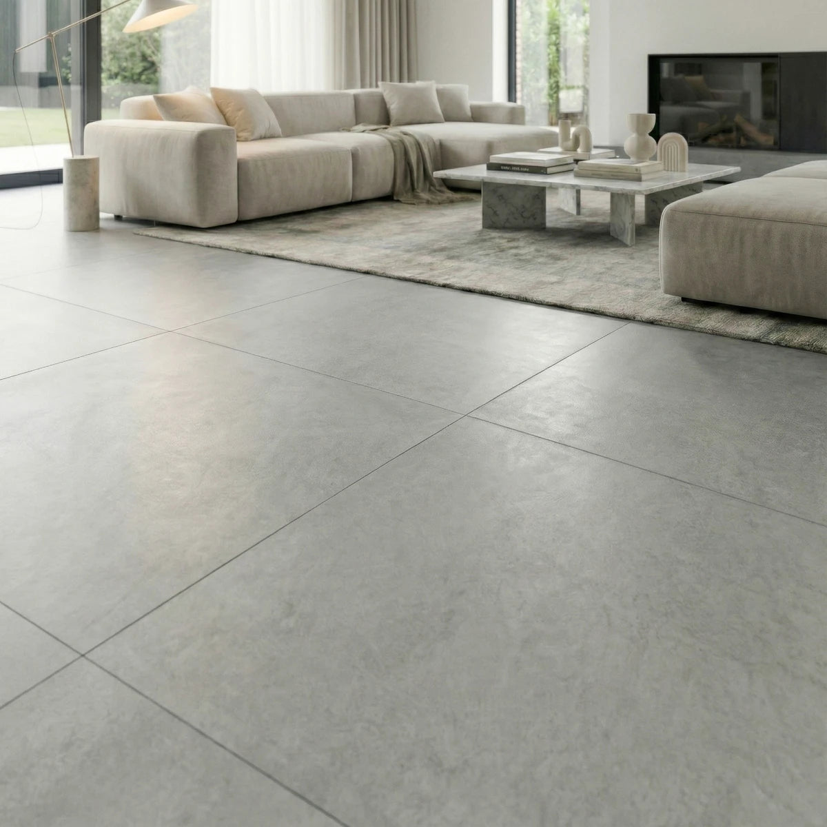 carrelage en gres ceram gris au sol d'un salon moderne