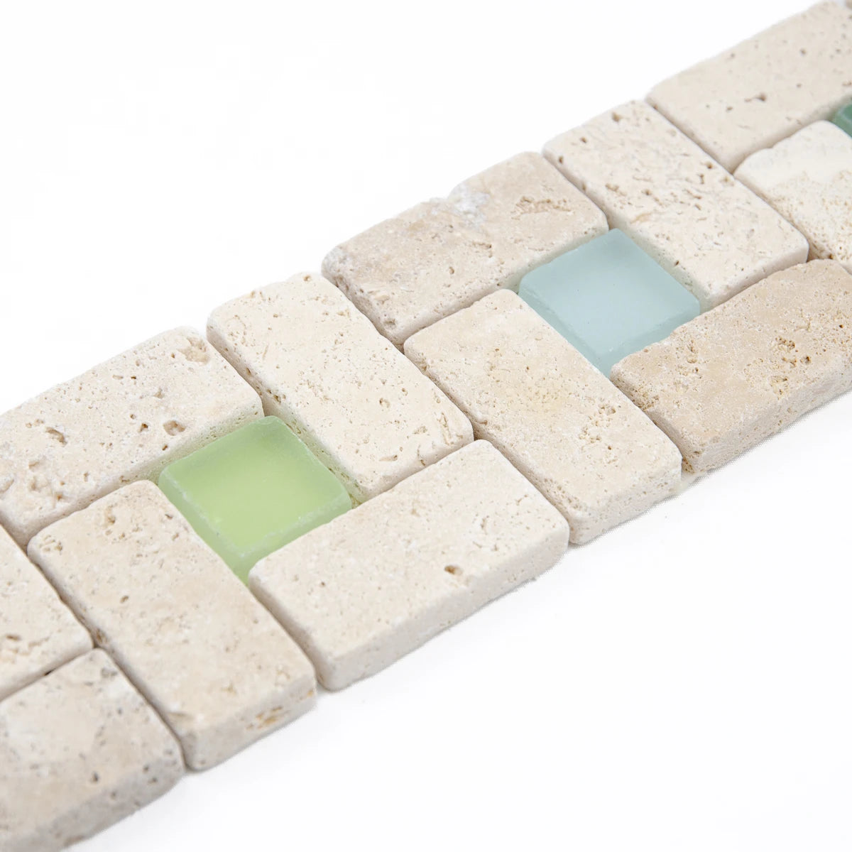 Listel travertin geo ivoire verre vert