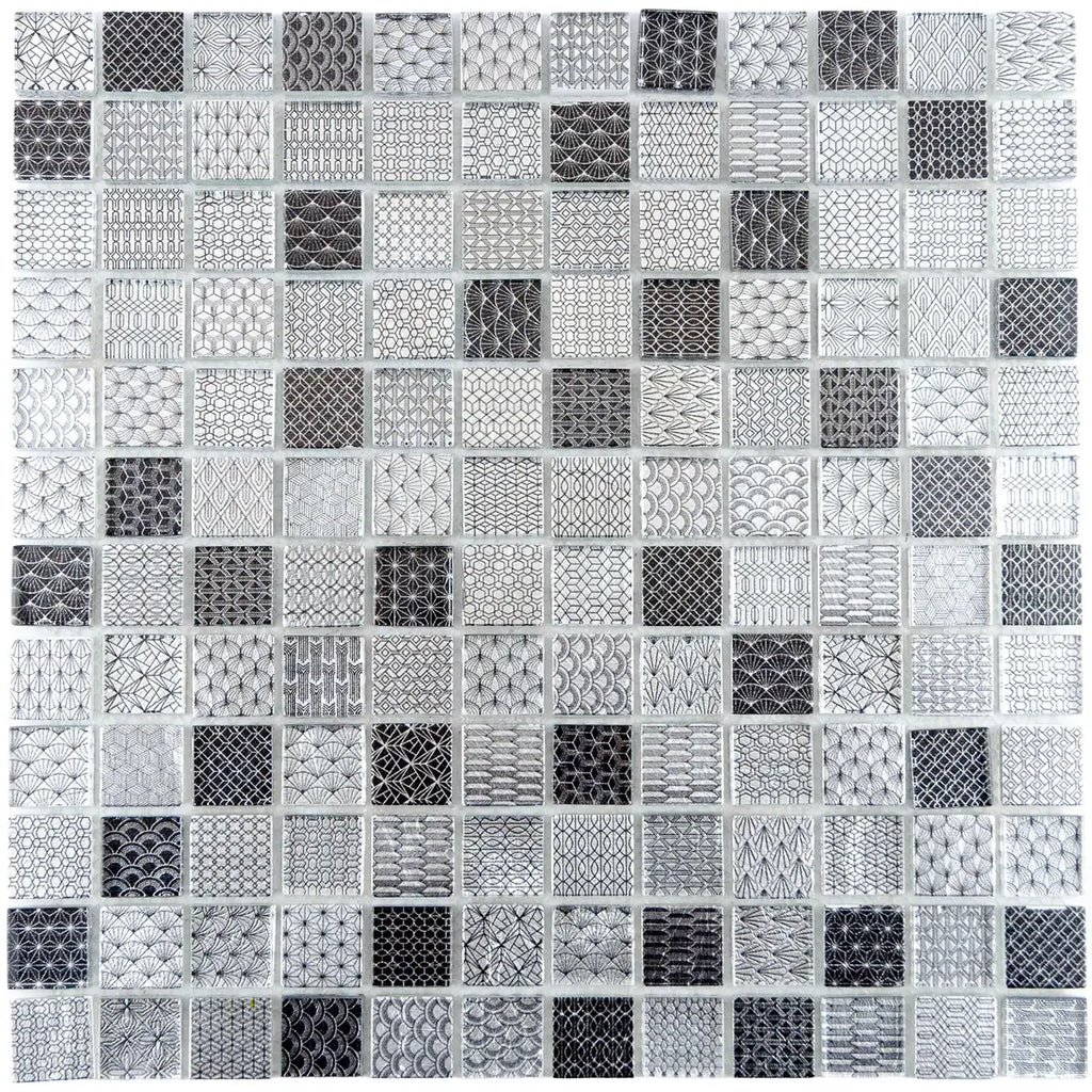Mosaïque en travertin et verre gris et noir petit format