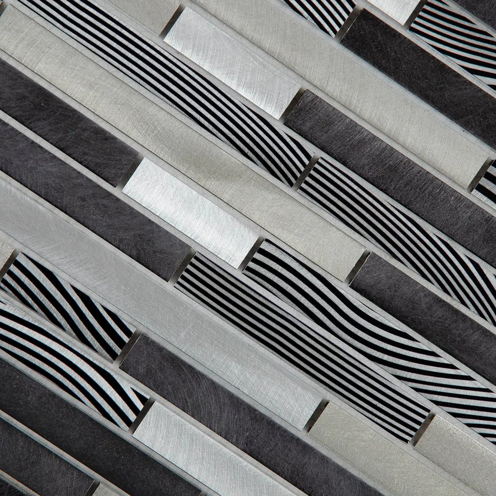 Mosaïque en verre et aluminium barrette gris et noir zoome perspective