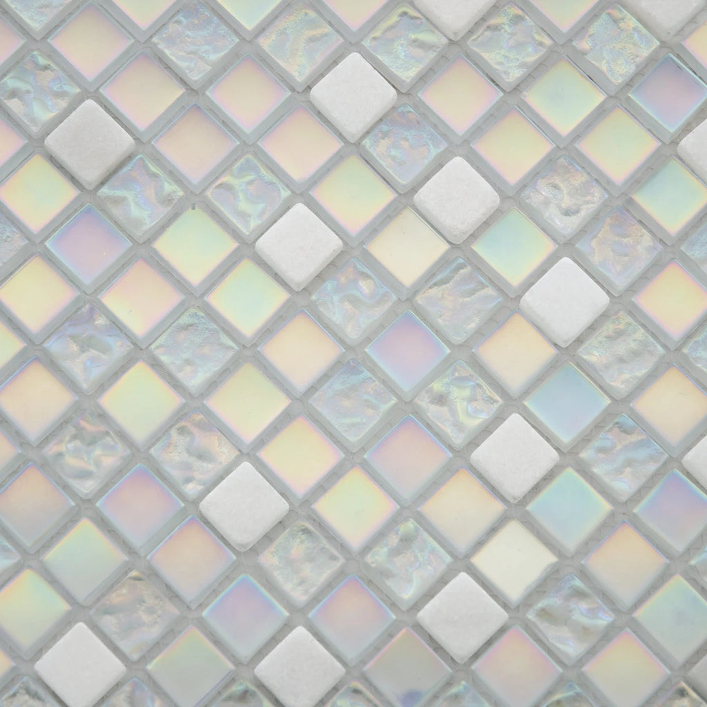 Mosaïque nacre blanc pierre et verre haut