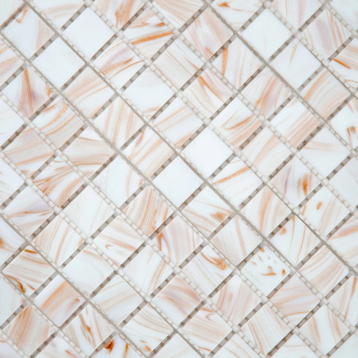 Mosaïque en pâte de verre aurore  blanc rose sur trame nylon zoomé détails