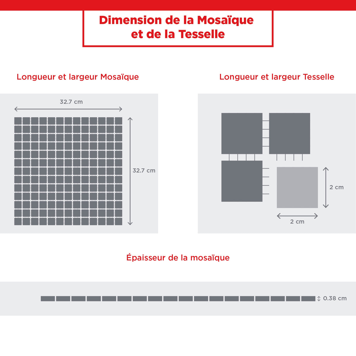 Infographie mosaïque pâte verre bleu 2x2x0,38 cm dimensions spécifications