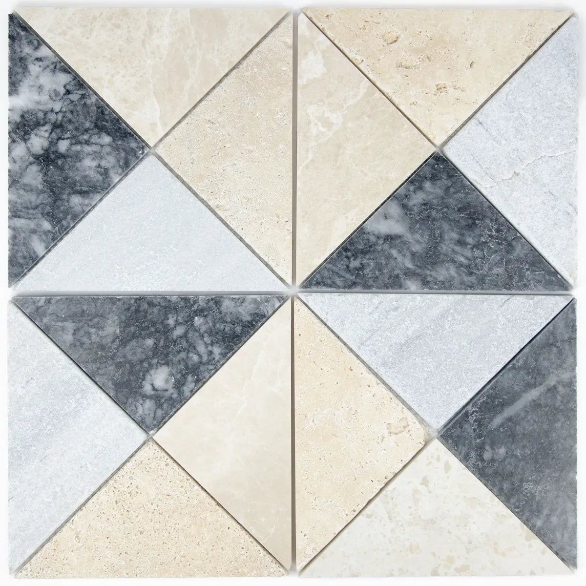 Mosaïque arlequin marbre travertin arrangement carreaux bicolore motif
