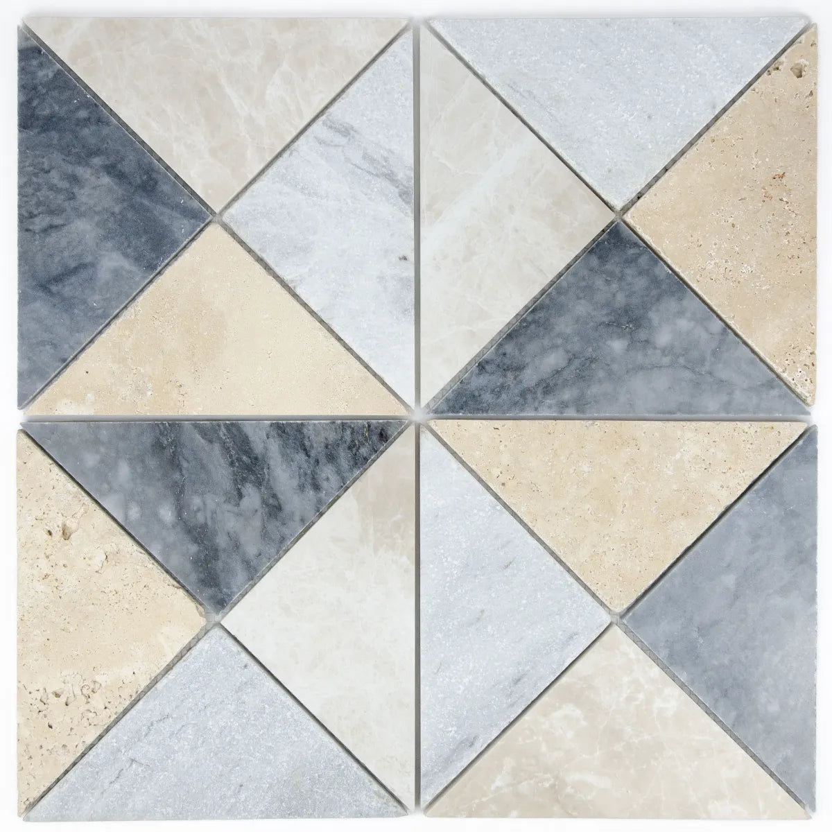 Mosaïque arlequin B marbre travertin arrangement carreaux bicolore motif