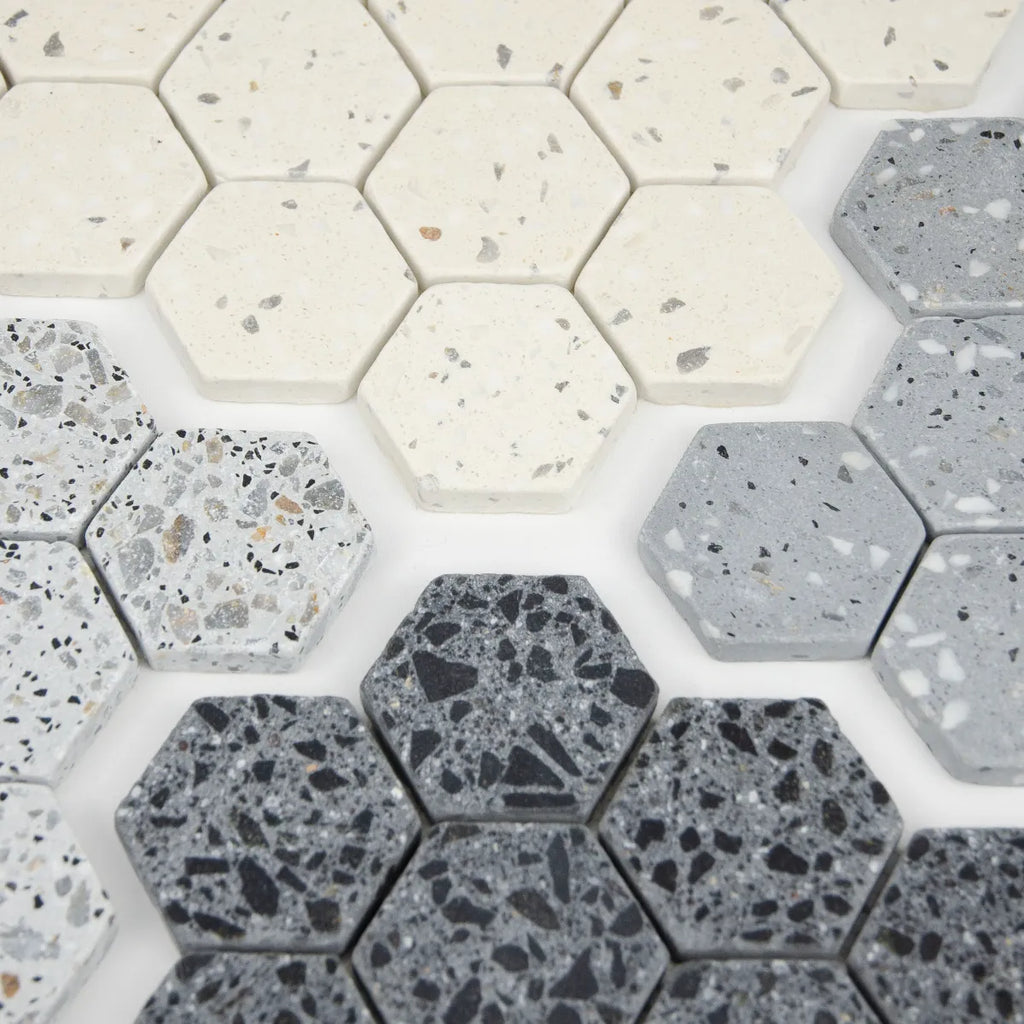 Vue en perspective et mise en situation de la Mosaïque Hexagone Terrazzo Collection