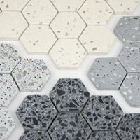 Vue en perspective et mise en situation de la Mosaïque Hexagone Terrazzo Collection