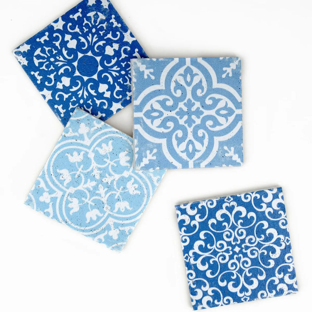 Carreau travertin bleu motifs baroques fantaisie assemblage créatif