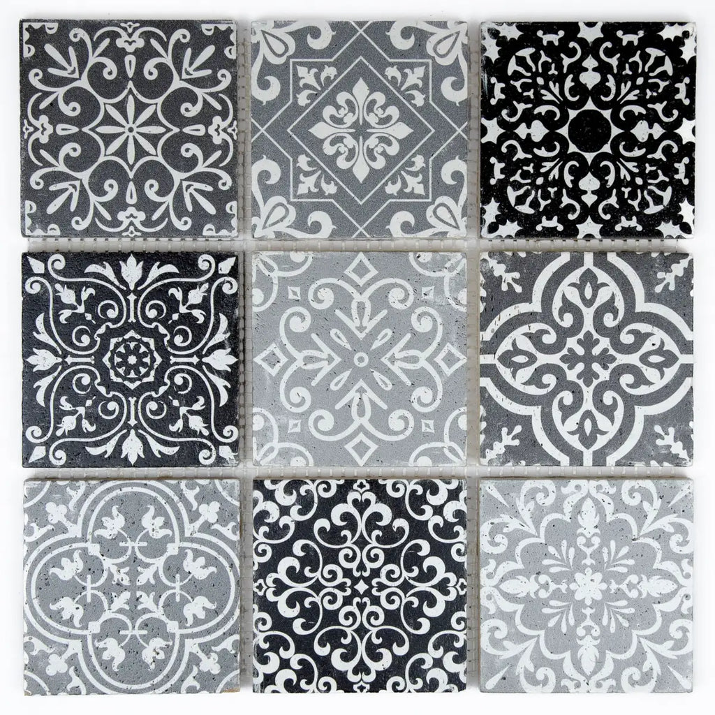 Mosaïque travertin gris motifs baroques 10x10 cm vue principale
