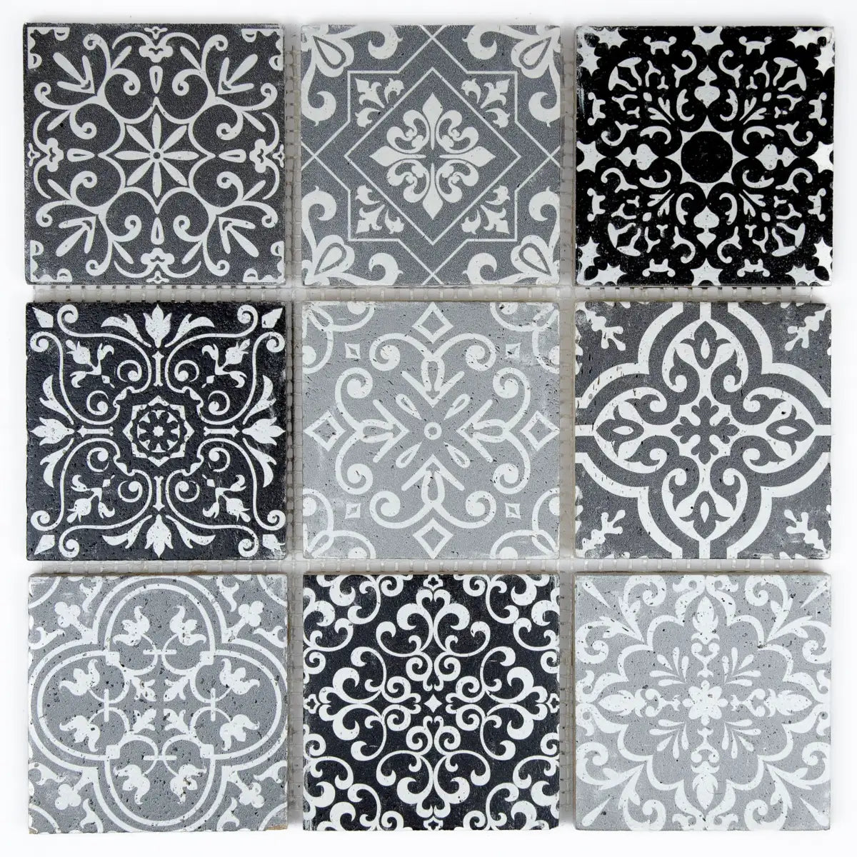 Mosaïque travertin gris motifs baroques 10x10 cm vue principale