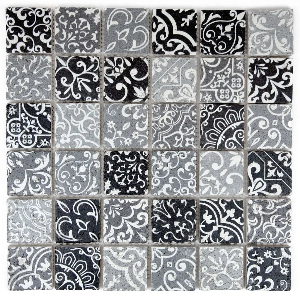 Mosaïque travertin gris motifs baroques 4,8x4,8 cm vue principale