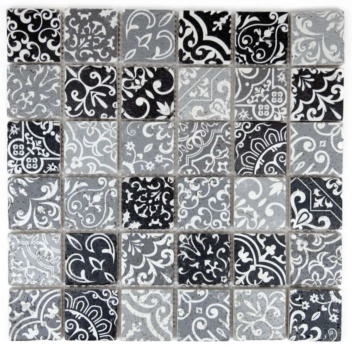 Mosaïque travertin gris motifs baroques 4,8x4,8 cm vue principale