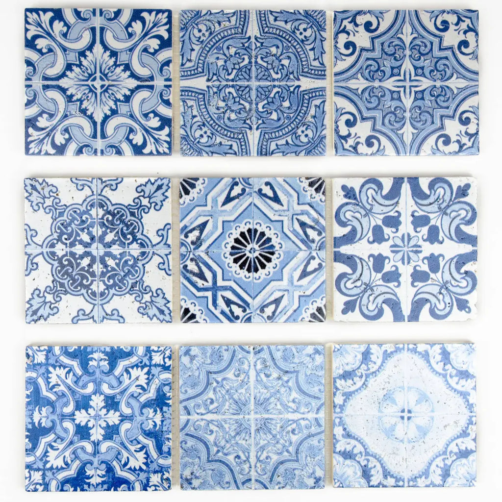 Mosaïque travertin décorée Renaissance bleu 10x30,5 cm carrelage pierre naturelle