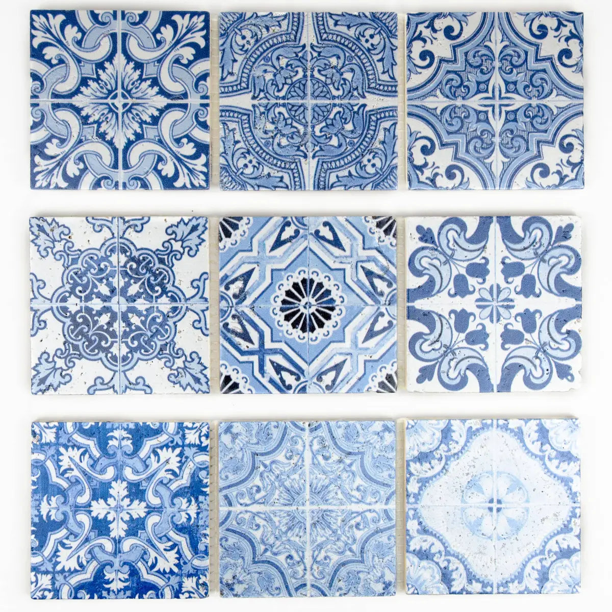 Mosaïque travertin décorée Renaissance bleu 10x30,5 cm carrelage pierre naturelle