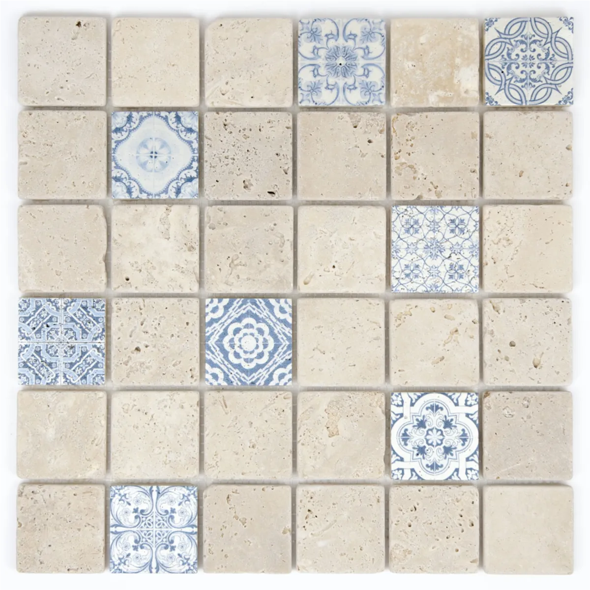 Mosaïque travertin ivoire décorée Renaissance bleu 4,8x4,8 cm - Vue d'ensemble du produit