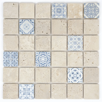 Mosaïque travertin ivoire décorée Renaissance bleu 4,8x4,8 cm - Vue d'ensemble du produit