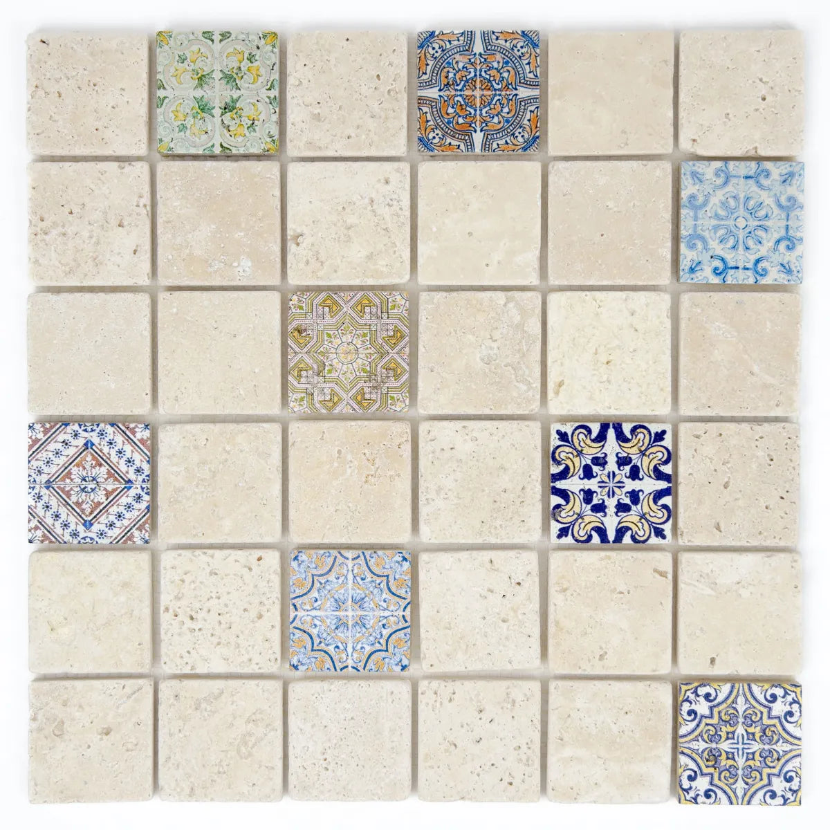 Mosaïque travertin ivoire décorée Renaissance color 4,8x4,8 cm - Vue d'ensemble du produit